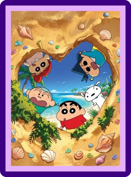 Shinchan Gang Tropical Beach Heart Frame Aesthetic Poster