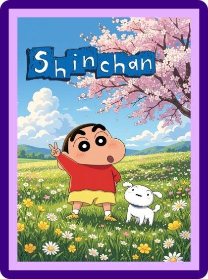 Shinchan Spring Meadow Peace Sign Cherry Blossom Aesthetic Poster