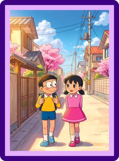 Nobita & Shizuka Cherry Blossom Street Walk Doraemon Aesthetic Poster