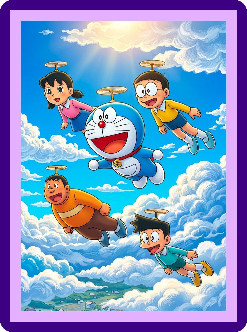 Doraemon Gang Sky Adventure Bamboo Copter Aesthetic Poster