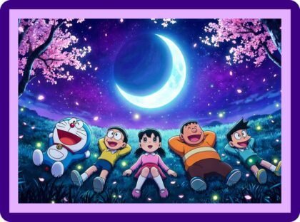 Doraemon Gang Starry Night Cherry Blossom Moonlight Aesthetic Poster