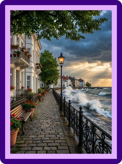 Seaside Cobblestone Street Storm Waves Aesthetic Poster