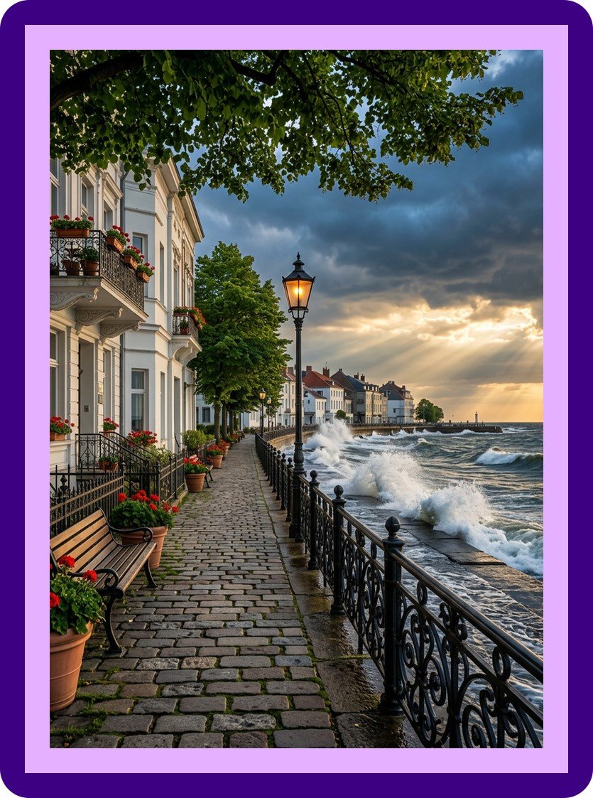 Seaside Cobblestone Street Storm Waves Aesthetic Poster