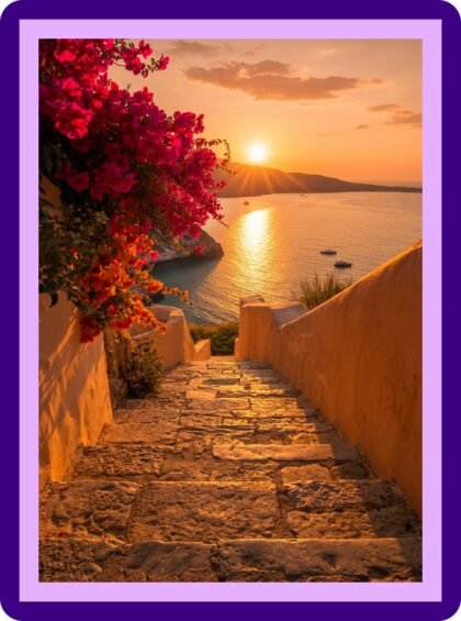 Santorini Sunset Bougainvillea Steps Aesthetic Poster