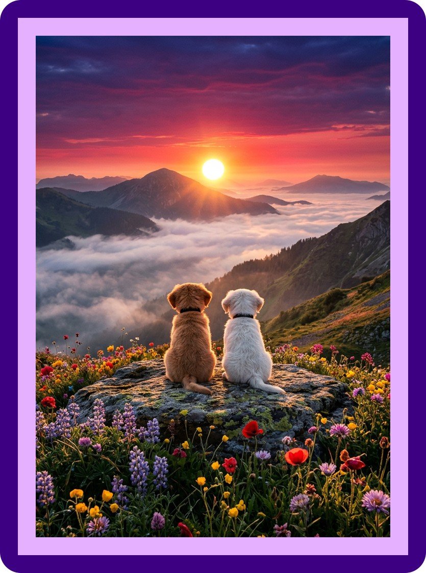 Puppies Watching Mountain Sunset Wildflower Aesthetic Poster