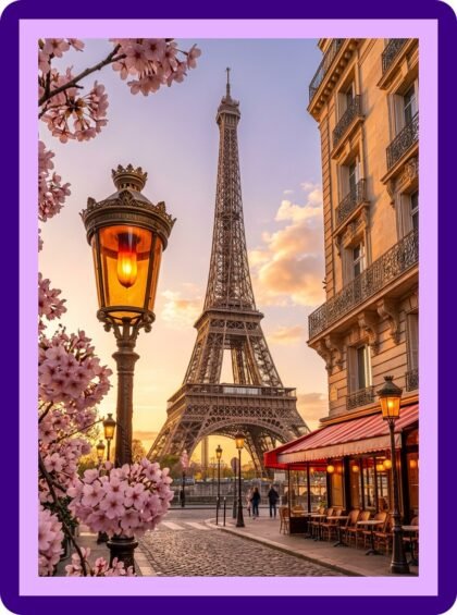 Paris Eiffel Tower Cherry Blossom Street Aesthetic Poster