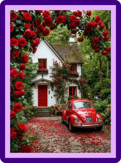 Red Rose Cottage Vintage Car Aesthetic Poster