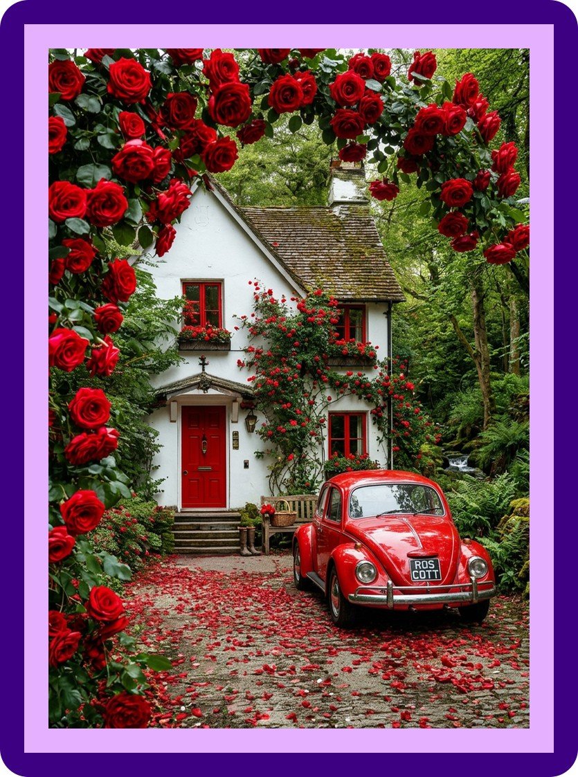 Red Rose Cottage Vintage Car Aesthetic Poster