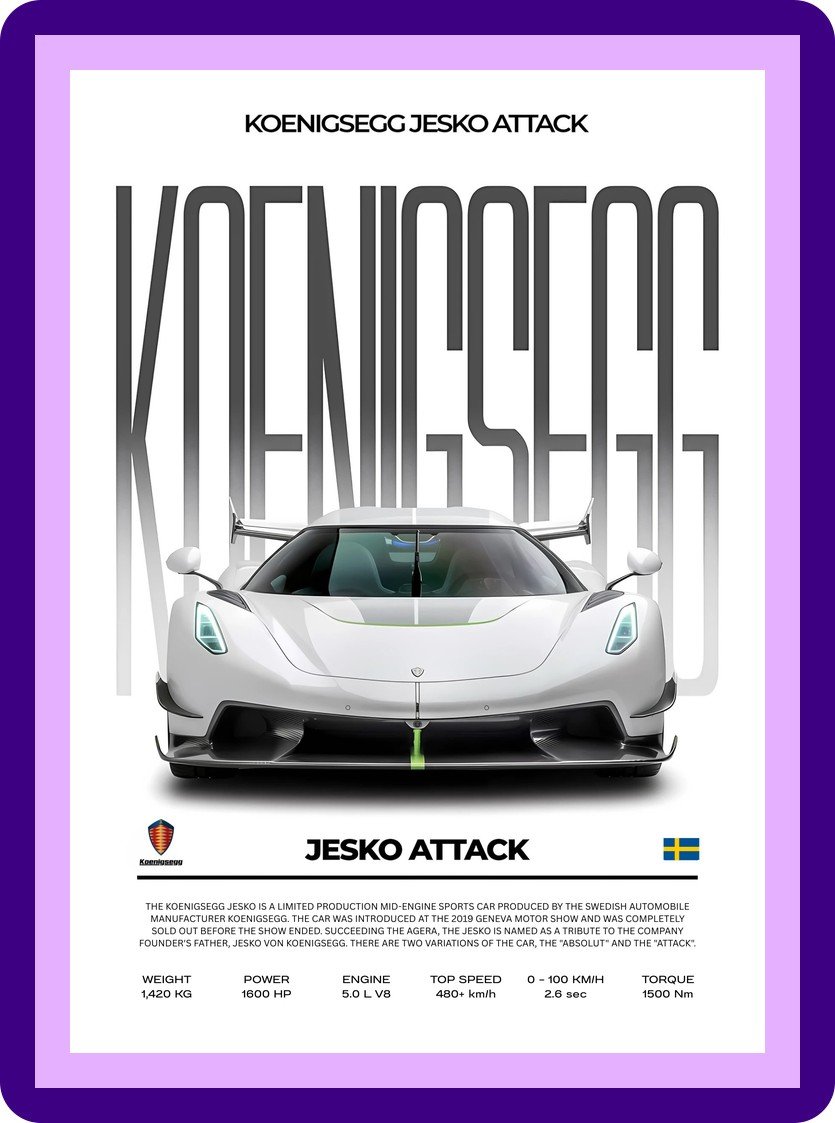Koenigsegg Jesko Attack White Hypercar Poster