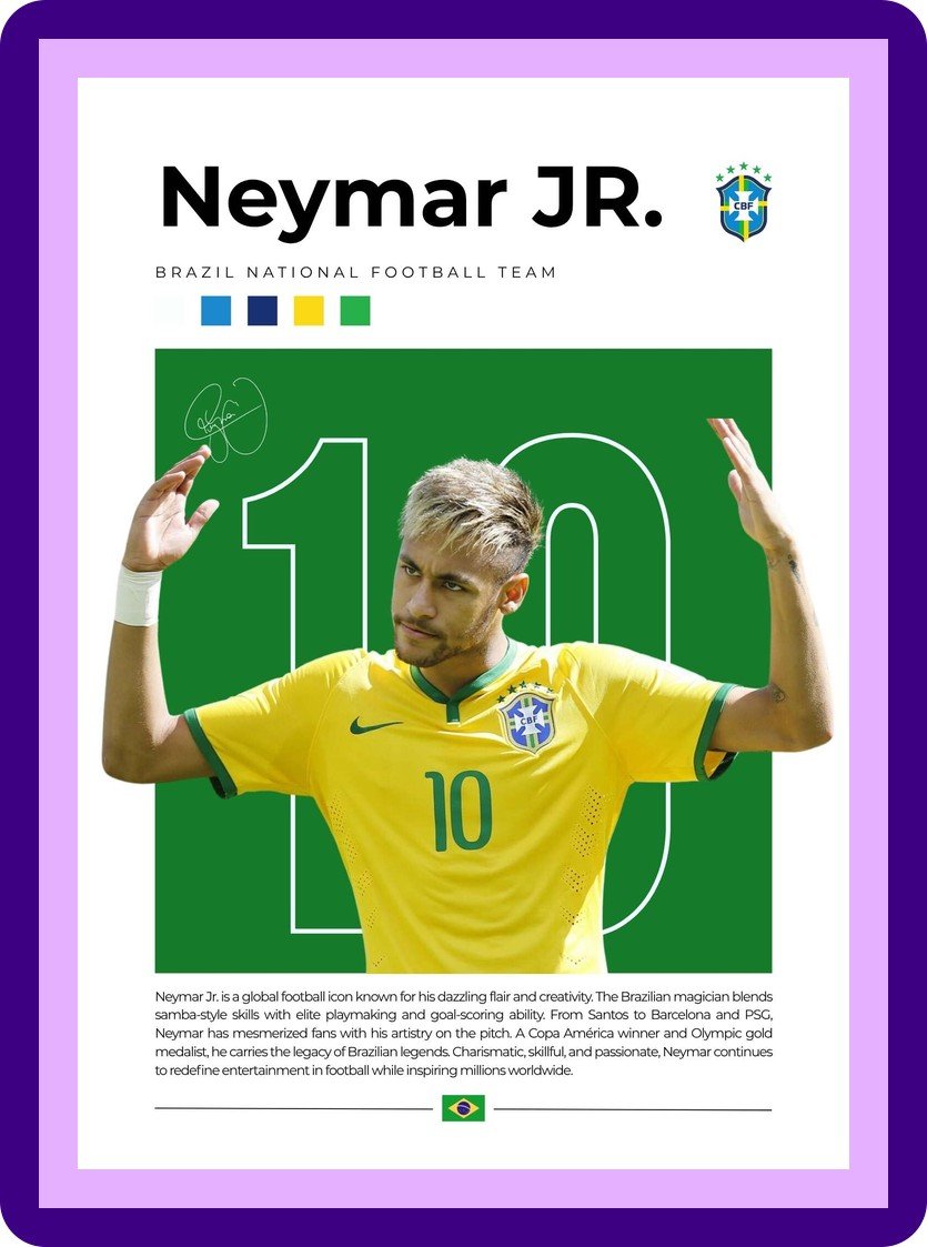 Neymar Jr Brazil Number 10 Football Poster