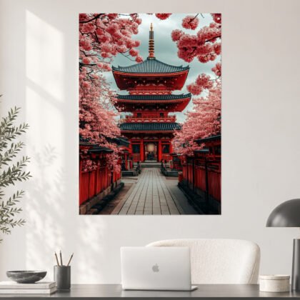 Japanese Pagoda Cherry Blossom Aesthetic Poster