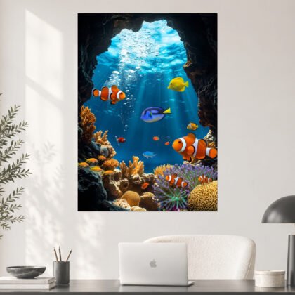 Underwater Coral Reef Clownfish Sunrays Aesthetic Poster