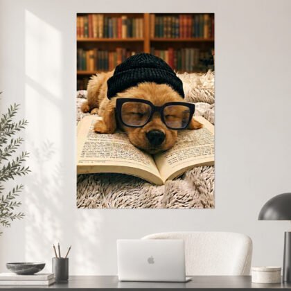 Sleepy Puppy Beanie Glasses Bookworm Aesthetic Poster