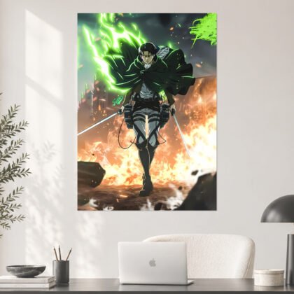 Attack on Titan Levi Ackerman Green Flame Aesthetic Poster