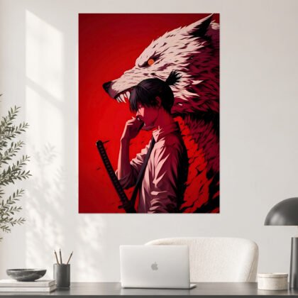 Anime Swordsman White Wolf Katana Red Aura Poster
