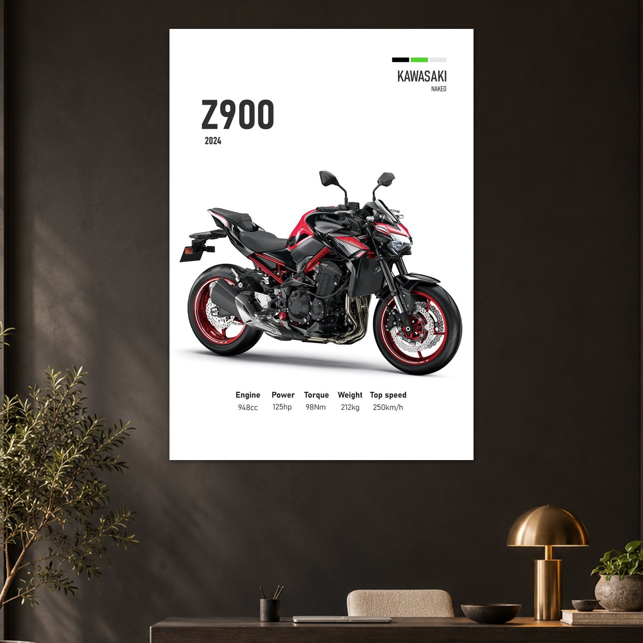 Kawasaki Z900 Black Red Naked Bike Poster
