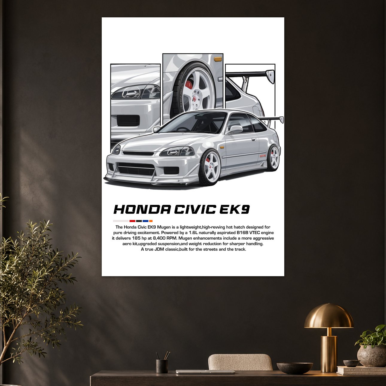 Honda Civic EK9 White JDM Tuner Car Poster
