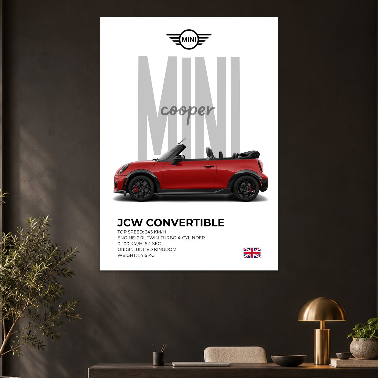 Mini Cooper JCW Convertible Red Car Poster