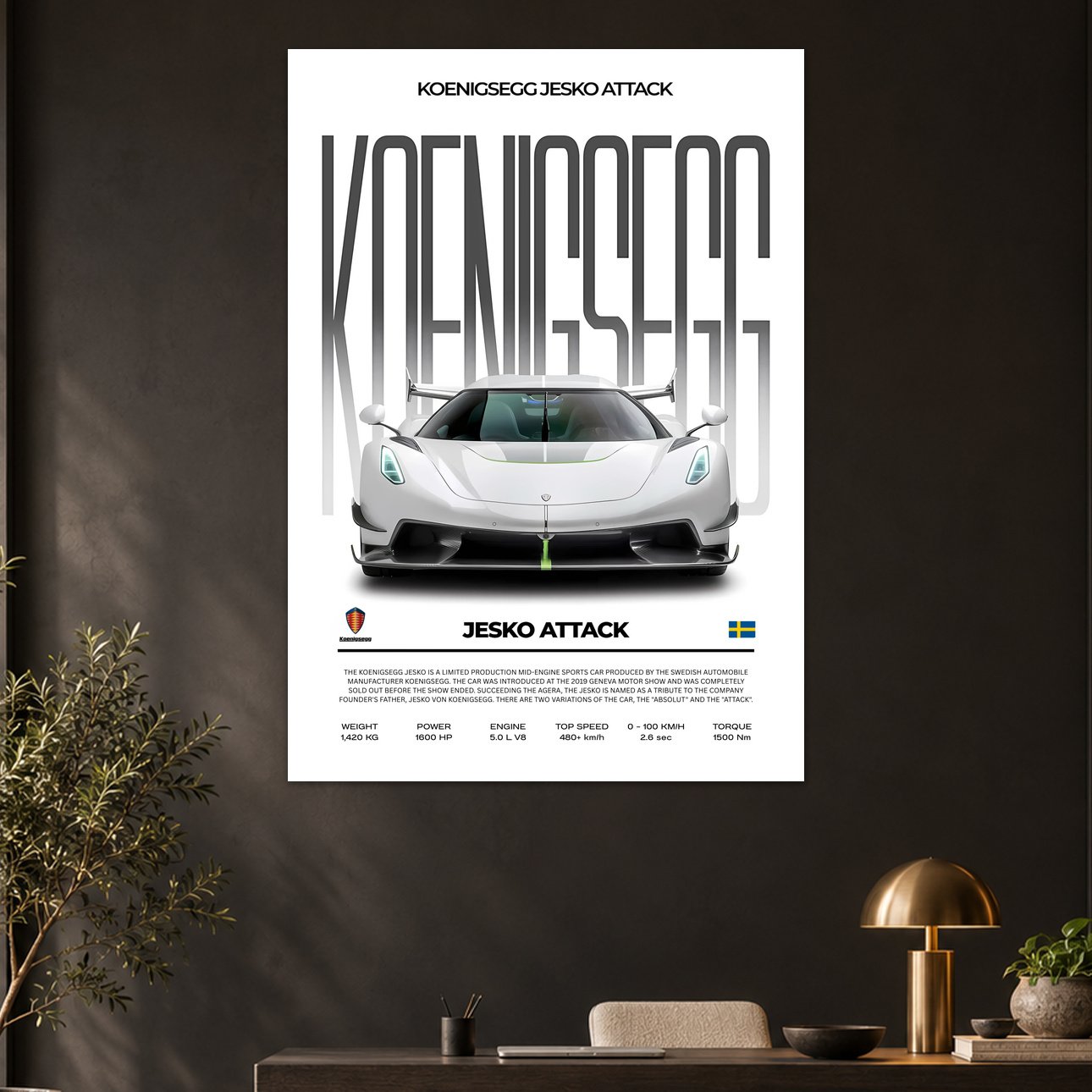Koenigsegg Jesko Attack White Hypercar Poster