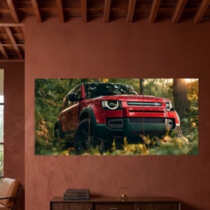 Red Land Rover Defender Forest Split Poster