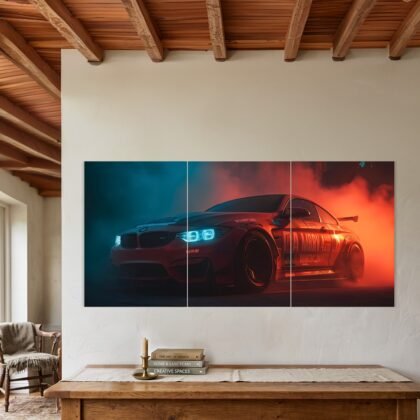 BMW M4 Red and Blue Smoke Split Poster