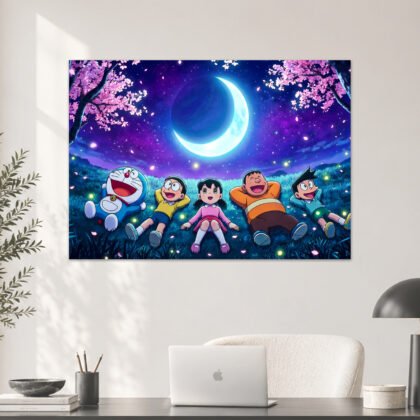 Doraemon Gang Starry Night Cherry Blossom Moonlight Aesthetic Poster