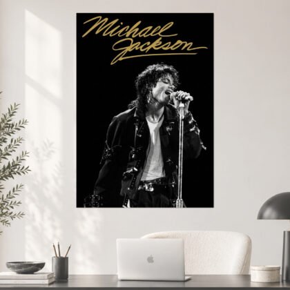 Michael Jackson Live Concert Gold Signature Mic Black & White Aesthetic Poster